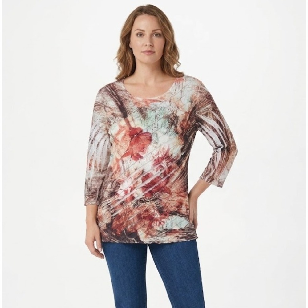 Vintage Top Ligne Medium‎ Abstract Artsy Stretch Knit 3/4 Sleeve Top Festival